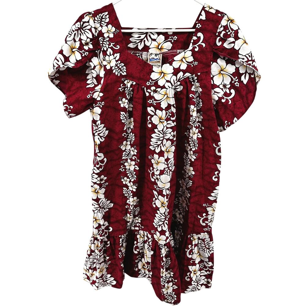 Vintage Hawaiian Togs Midi Dress Floral Puff Sleeve Aloha Ruffle Red White L
